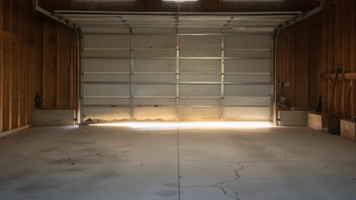 A closed garage door with light shining under it into an empty garage.