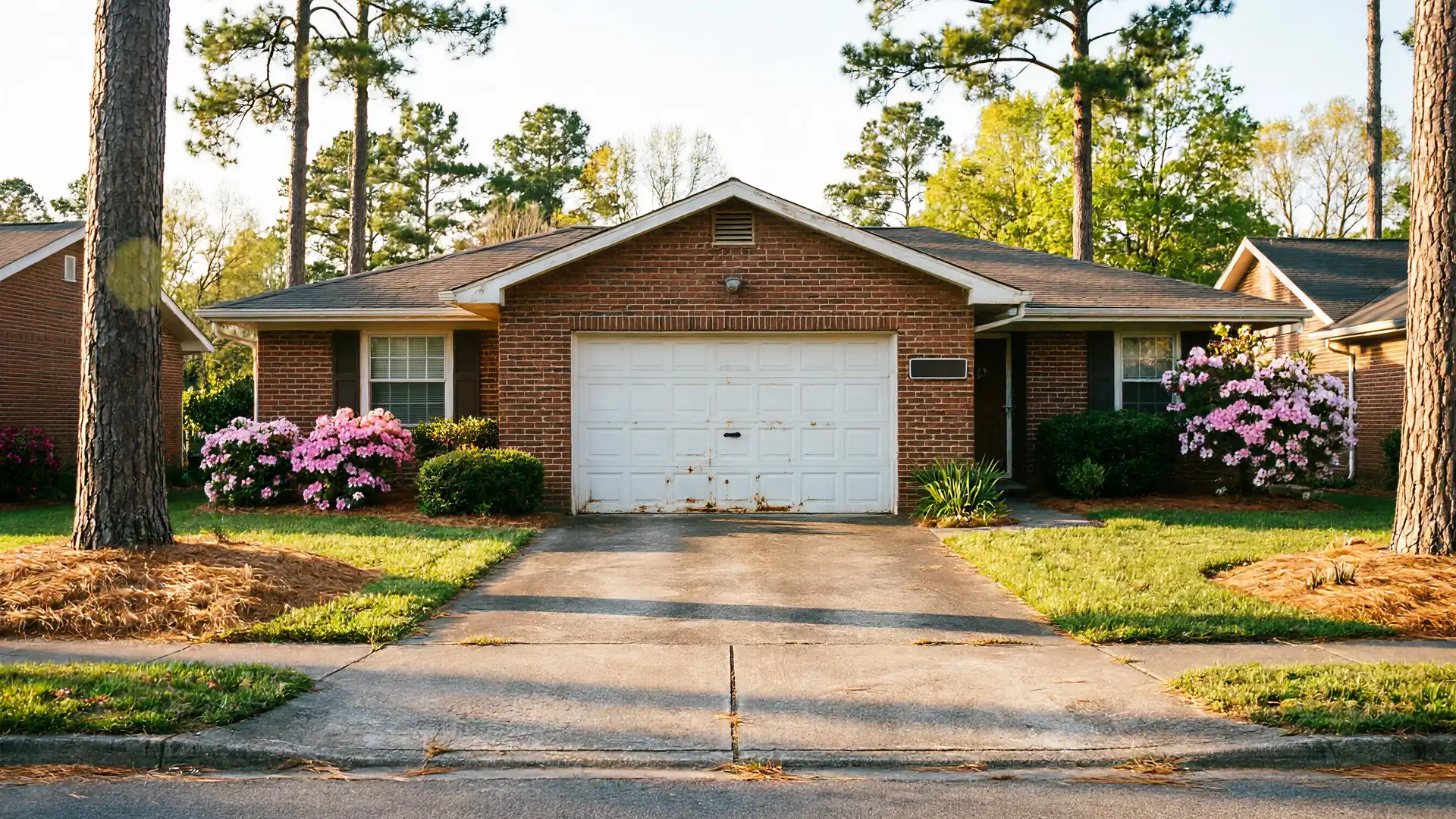 A brick house has a white garage door with rust at the bottom.