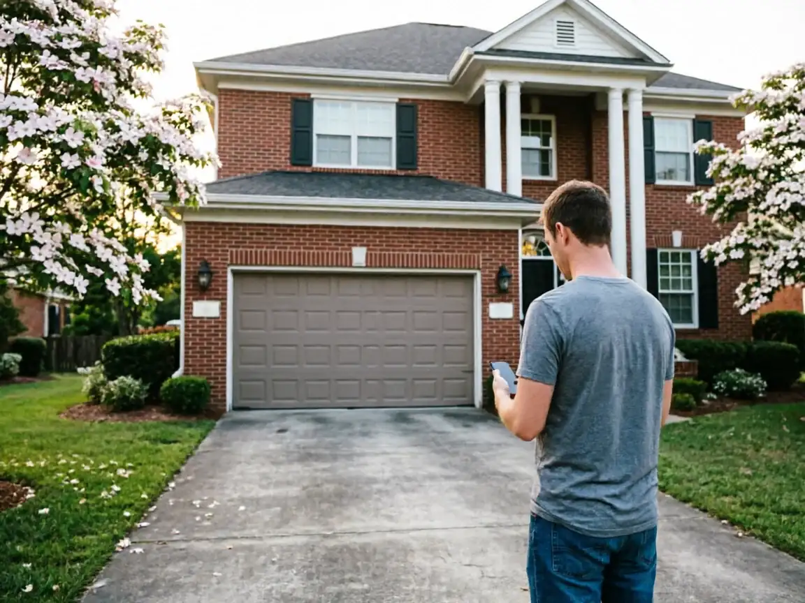 A man in a gray shirt stands in a driveway, looking at his phone.