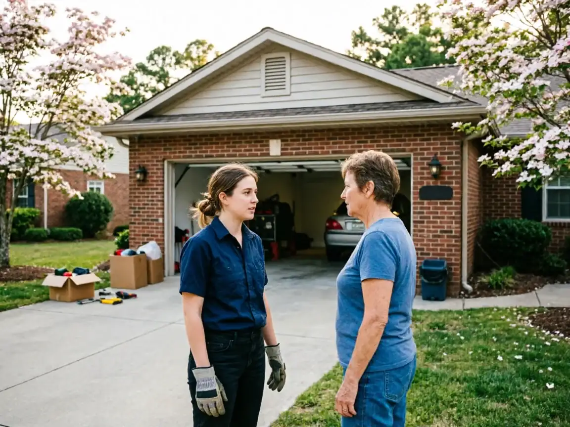A technician in work gloves talks to a woman in front of a brick house.