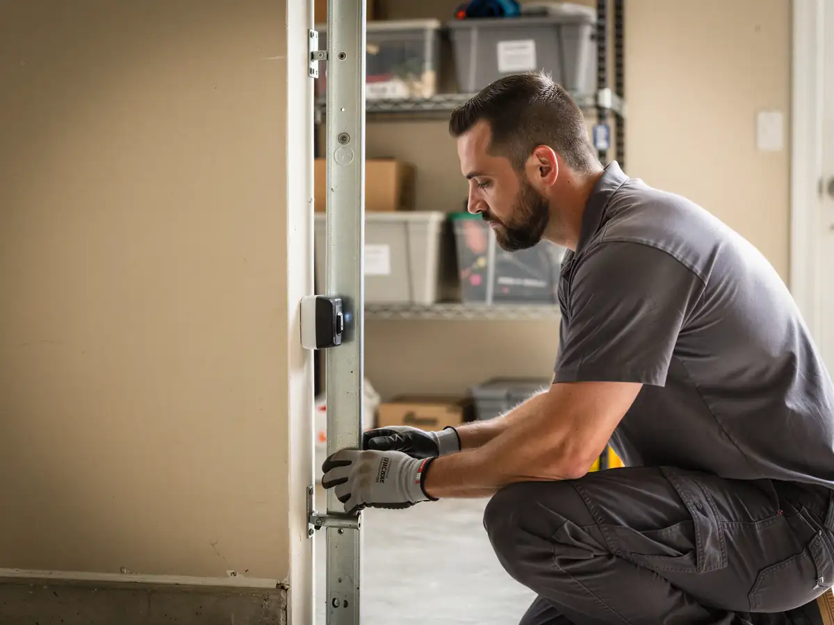 A technician in a gray shirt and gloves works on a garage door track.
